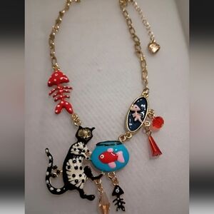 Betsey Johnson Whimsical Cat and Fish Bowl Charm Necklace